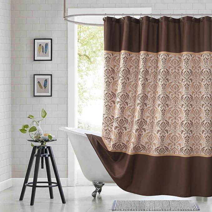 BESTRIPES Extra Long Fabric Shower Curtain, Soft & Lightweight Brown Damask Print Shower Curtains for Bathroom, 72" W x 84" H - ModernBath