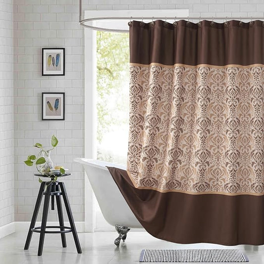 BESTRIPES 90 Inch Fabric Shower Curtain, Extra Long Brown Damask Shower Curtains for Bathroom, 72" W x 90" H