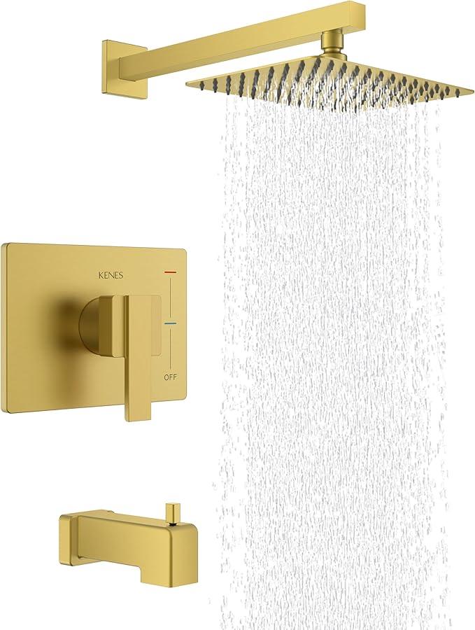 KENES Brushed Gold Tub and Shower Trim Kit, Square Tub Shower Faucet Set Complete with 10-Inch Rainfall Shower Head and Tub Spout, KE-6024A-4 (Shower Valve Included) - ModernBath