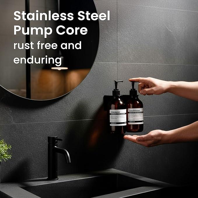 MaisoNovo Shampoo and Conditioner Dispenser - Shower Soap Dispenser Wall Mounted - 16.9 fl oz Set of 2 Amber Plastic Bottles Black Pump - Shampoo Dispenser, Shower Dispenser 2 Chamber No Drill - ModernBath