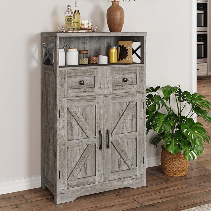 Small Farmhouse Storage Cabinet with Barn Doors, Farmhouse Kitchen Pantry Cabinet, Tall Coffee Bar with Storage, Hutch Cupboard for Kitchen, Laundry, Living Room, Washed Grey - ModernBath