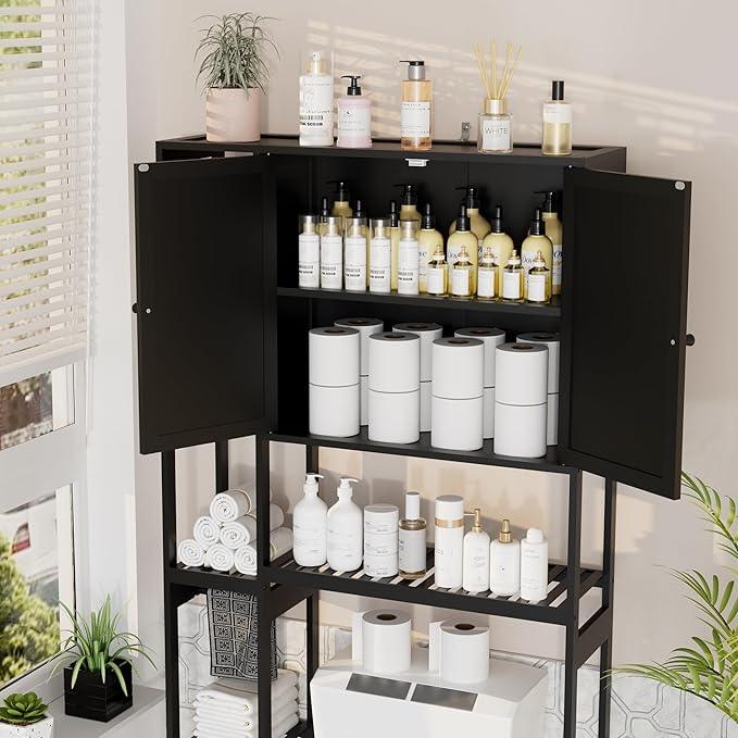Bamboo Over The Toilet Storage, Above Toilet Organizer Storage Shelf Stand, Tall Freestanding Behind Toilet Rack, Tiered Bathroom Space Saver Shelving, Easy Assembly (Black) - ModernBath