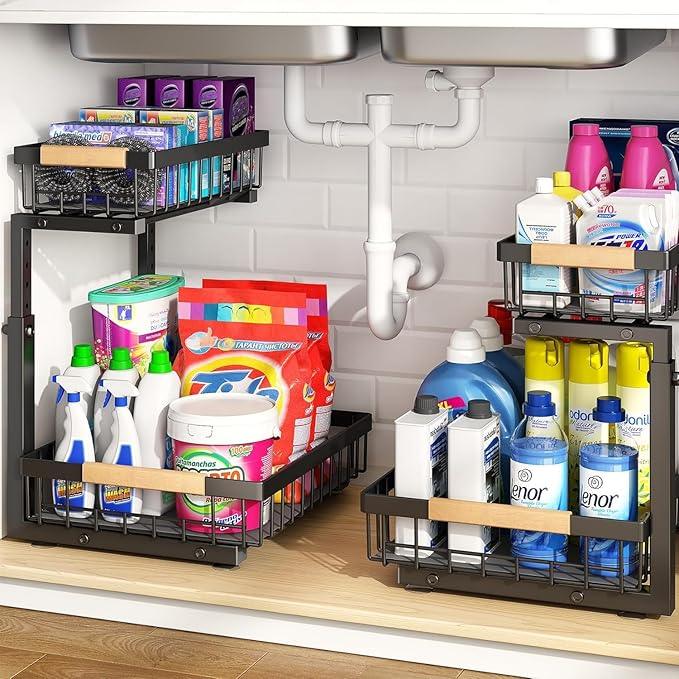 PXRACK 1 Pack Under Sink Organizer,Adjustable Height,2 Tier Pull Out Under Cabinet Organizer,Slide Out Thickened Metal Under Sink Storage for Kitchen Bathroom Laundry Cabinet Pantry,Black(S) - ModernBath
