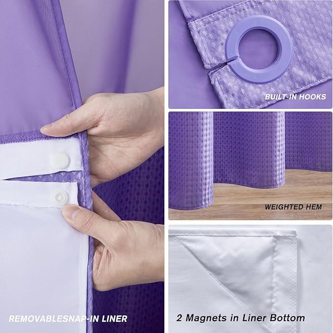 Furlinic Purple Small Stall No Hook Shower Curtain with Snap in Liner,Waffle Weave Heavy Duty Fabric Waterproof Bathroom Curtains,Washable Shower Curtain Set with See Through Window 36x72 Inch - ModernBath
