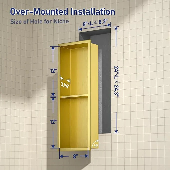 Stainless Steel Shower Niche 8"×24" Gold Double Shelf No Tiled Needed Niche Shower for Bathroom Wall Recessed Bathroom Shelf for Storage - ModernBath