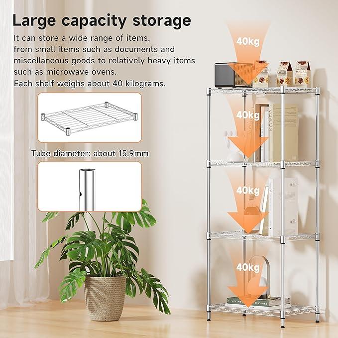 IZEUK 4 Tier Metal Wire Shelf Unit, Chrome Storage Rack Organizer for Kitchen, Bedroom, Living Room or Laundry Room, 17.7" W x 11.8" D x 41.9" H - ModernBath