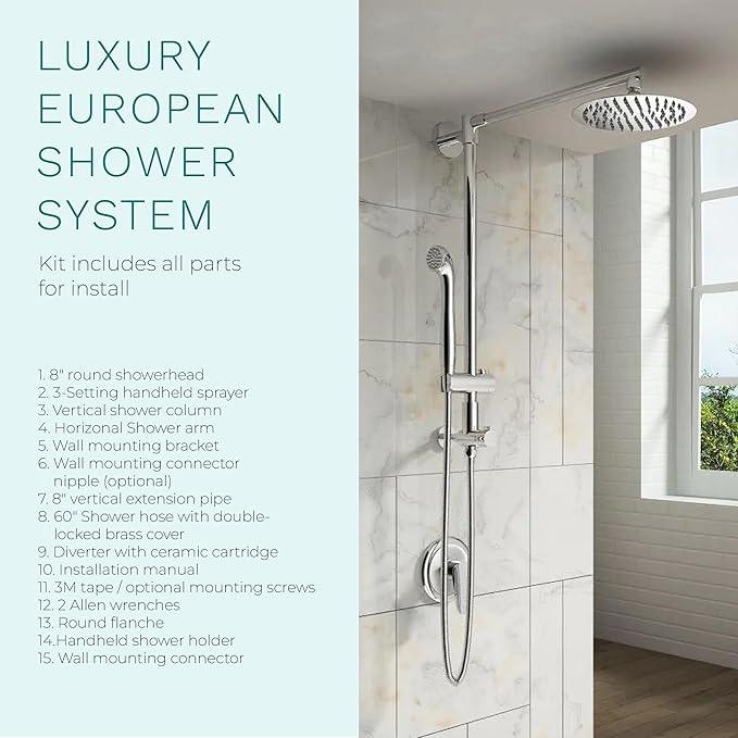 Fennocasa Polaris 3 Rain Shower System, 8” Rainfall Shower Head and Handheld Shower Combo, includes 3-Setting Handheld Spray, Height Adjustable Shower Wand Holder, 60” Hose (1.8 GPM Chrome) - ModernBath