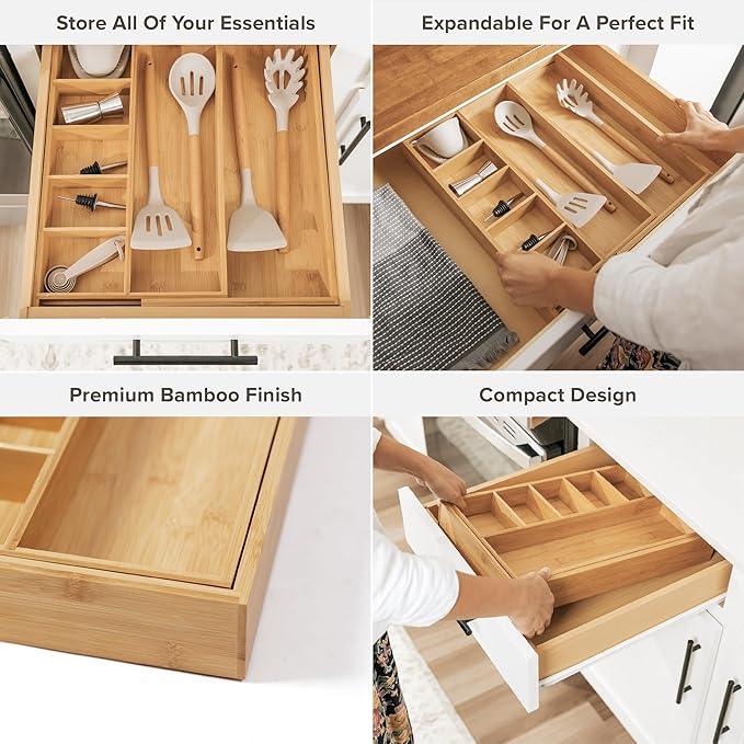 KitchenEdge Adjustable Kitchen Drawer Organizer for Utensils and Junk, Food-Safe Contract Grade with 100% Sustainable Wood, Expandable from 10.5 to 19 Inches Wide - Natural Bamboo - ModernBath