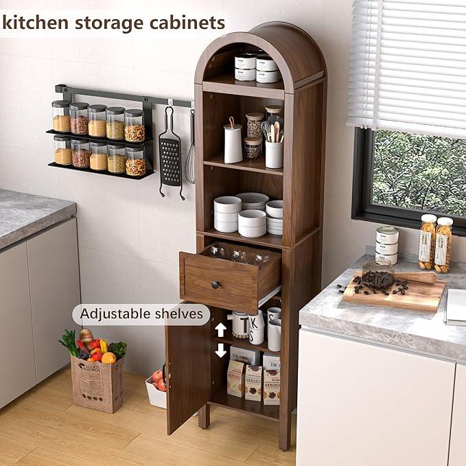 64" Tall Bathroom Storage Cabinet with Adjustable Shelves,Tall Narrow Arched Freestanding Tower Cabinet with Fluted Doors and Drawers,Space Saving Organizer for Bathroom Living Room (Walnut) - ModernBath