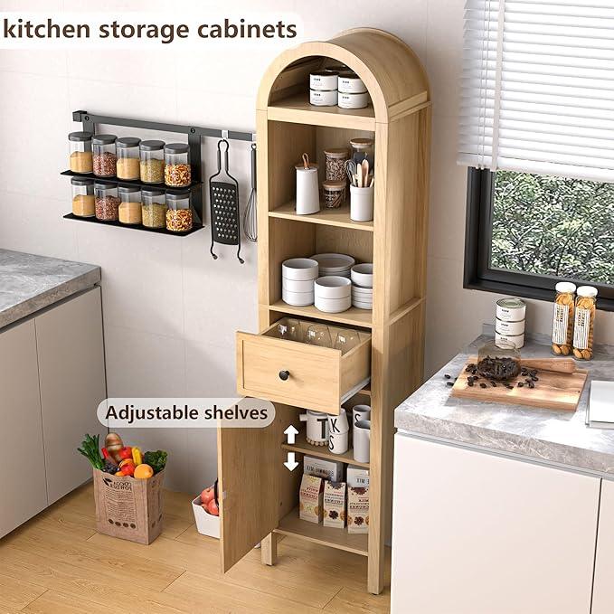 64" Tall Bathroom Storage Cabinet with Adjustable Shelves,Tall Narrow Arched Freestanding Tower Cabinet with Fluted Doors and Drawers,Space Saving Organizer for Bathroom Living Room (Oak) - ModernBath
