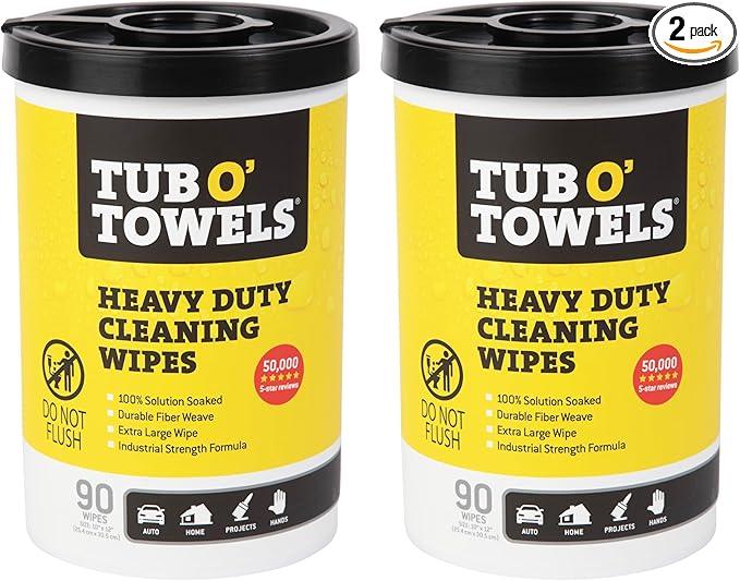 Tub O' Towels Heavy-Duty Multi-Surface Cleaning Wipes, 10" x 12", 90 Count Canister, Removes Grease, Grime, Tough Stains, Durable Disposable Wipes for Home, Garage, Outdoor Cleaning Tasks, 2-Pack - ModernBath