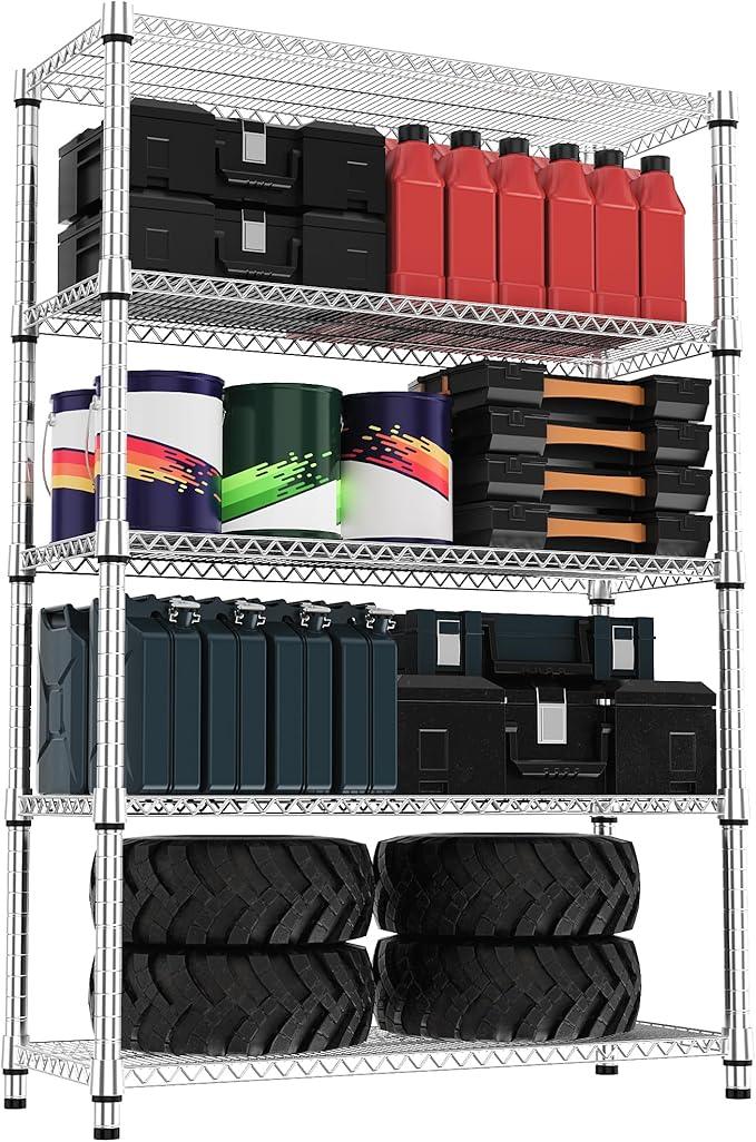 5 Tiers Shelf Metal Storage Shelves 3300 lbs Steel Storage Shelving Utility Shelving Unit Steel Organizer Wire Rack for Home,Kitchen,Office,Garage Chrome 17.7" D x 47.2" W x 70.3" H - ModernBath