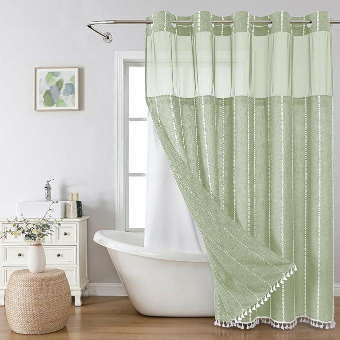 eachope Sage Green Farmhouse No Hook Shower Curtain Set with Snap-in Fabric Liner,Boho Heavy-Duty Linen Textured Rustic Striped Design,Water-Repellent with Tassels and Sheer Window,71x74 - ModernBath