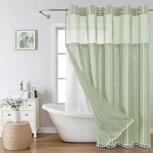 eachope No Hook Long Shower Curtain Set with Snap-in Fabric Liner,Linen Ultra Thick Fabric with Tassels,Boho Chic Modern Farmhouse Country Neutral Cloth Shower Curtains for Bathroom,Sage Green,71x80 - ModernBath