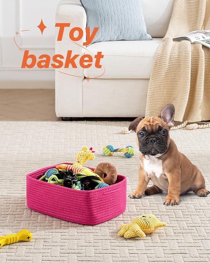 Small Woven Basket, 13.5 x 9.5 x 5 Inches, Storage Basket for Organizing, Cute Small Rope Shelf Closet Cube Storage Bins Baskets for Shelves, Dog Toy Gift Baskets Empty, 3 Packs, Hot Pink - ModernBath