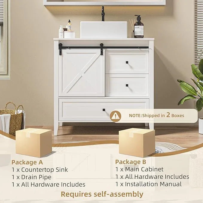 VNN Bathroom Vanity with Sink - 36 Inch Bathroom Vanity with Sink Ceramic, Freestanding Cabinet with Farmhouse Sliding Barn Door and 3 Drawers, Space-Saving Storage Cabinet, Wood Grain Texture, White - ModernBath