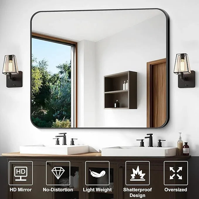 CIVENO Bathroom Mirror, 48 x 40 inch Black Rectangle Wall Mirror, Metal Frame Rectangular Vanity Mirror, Rounded Corner Wall Mounted Mirror for Modern Bedroom Living Room Hangs Horizontal/Vertical - ModernBath