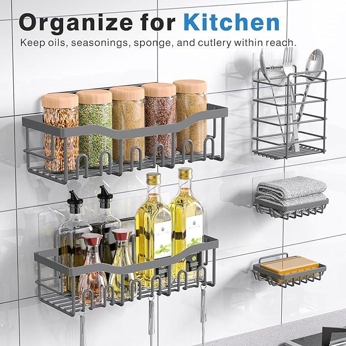 EUDELE 5-Pack Rustproof Stainless Steel Shower Caddy – No Drill Adhesive Bathroom Organizer with Large Capacity, Spacious Shower Shelves for Inside Shower, Kitchen & Home Decor Storage-XL Size - ModernBath