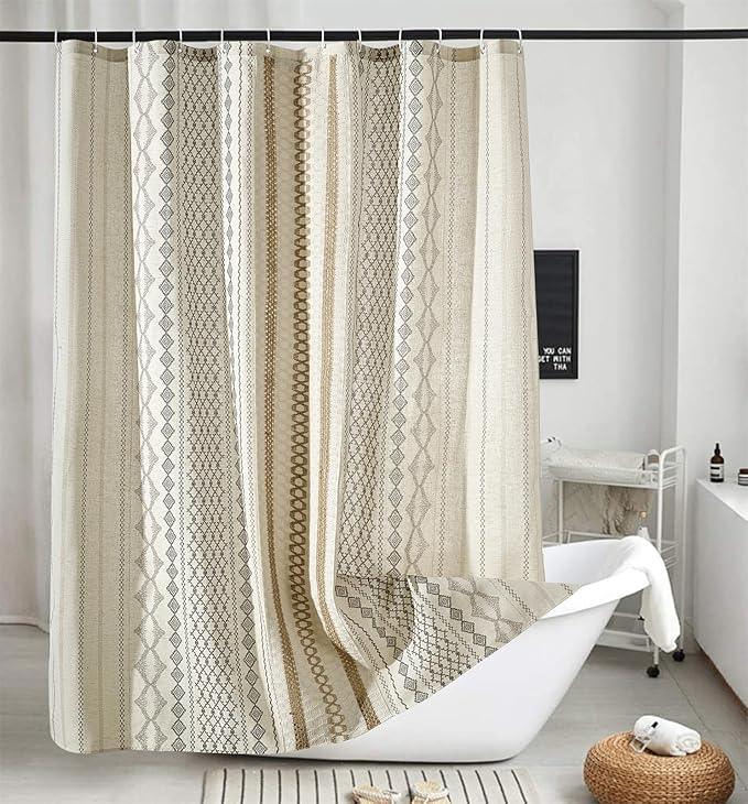Aldopein Modern Farmhouse Shower Curtain, Water Resistant Privacy Natural Linen Textured Fabric, Boho Vintage Tribal Geometry Fabric Shower Curtains Set Cottagecore Bathroom Decorations with Hooks - ModernBath