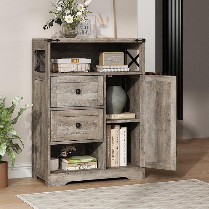 Fameill Farmhouse Storage Cabinet with 2 Drawers & Shelves,Freestanding Kitchen Cabinet with Doors,Floor Storage Organization for Living Room,Bathroom,Laundry,Grey - ModernBath
