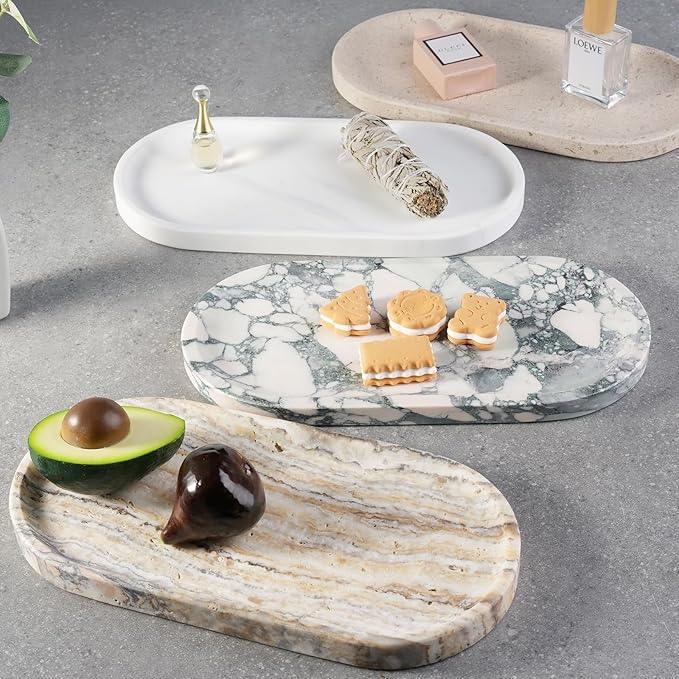 Koville Natural Marble Tray for Bathroom Decor Countertop, Vanity Tray Italy Oval Stone Trays for Candles Perfume, Storage Trays for Cosmetics, Jewelry, Decorative Tray for Dresser Organizer(White) - ModernBath