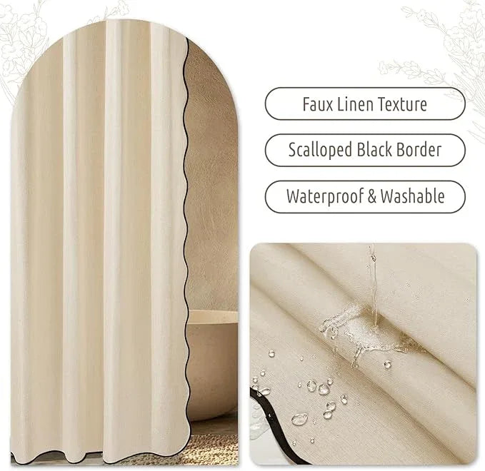 WONICY Beige Scalloped Long Shower Curtain with Black Border - Heavy Duty Polyester Shower Curtains for Bathroom, Waterproof & Washable, 72x78 Inches with 12 Hooks - ModernBath
