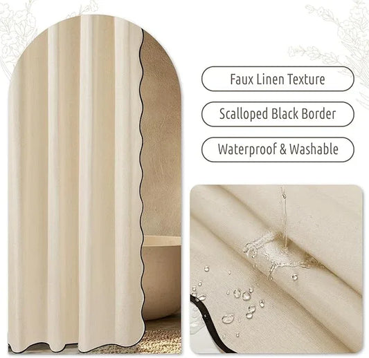 WONICY Beige Scalloped Long Shower Curtain with Black Border - Heavy Duty Polyester Shower Curtains for Bathroom, Waterproof & Washable, 72x78 Inches with 12 Hooks - ModernBath