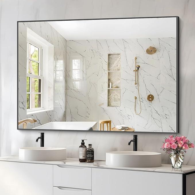 COFENY 36x50inch Bathroom Mirror, Black Rectangle Mirrors with Thin Metal Frame, Large Rectangular Wall Mirror for Bathroom, Living Roomm, Hair Salon, Big Farmehouse Mirror Hang Horizontal/Vertical - ModernBath