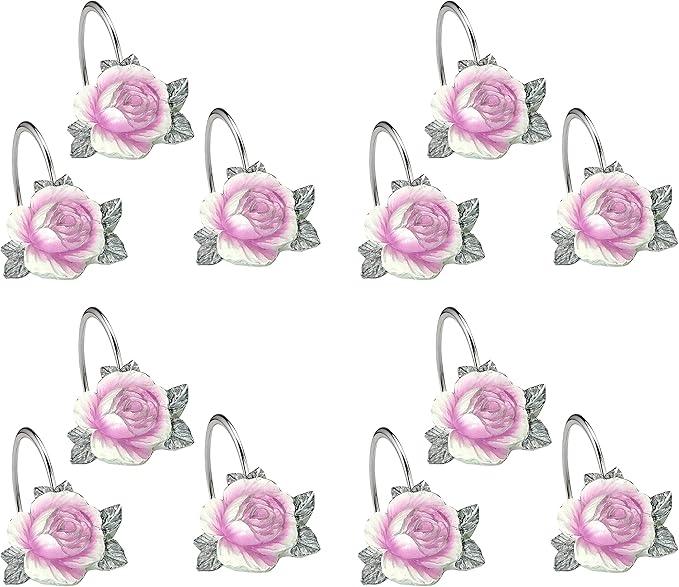 Zahari Home 13pc Michelle Bathroom Shower Curtain Sets Shower Curtain & 12 Shower Bathroom Hooks Modern Classic Luxury Contemporary Decor Floral Shower Curtain Stylish Bath Sets - ModernBath