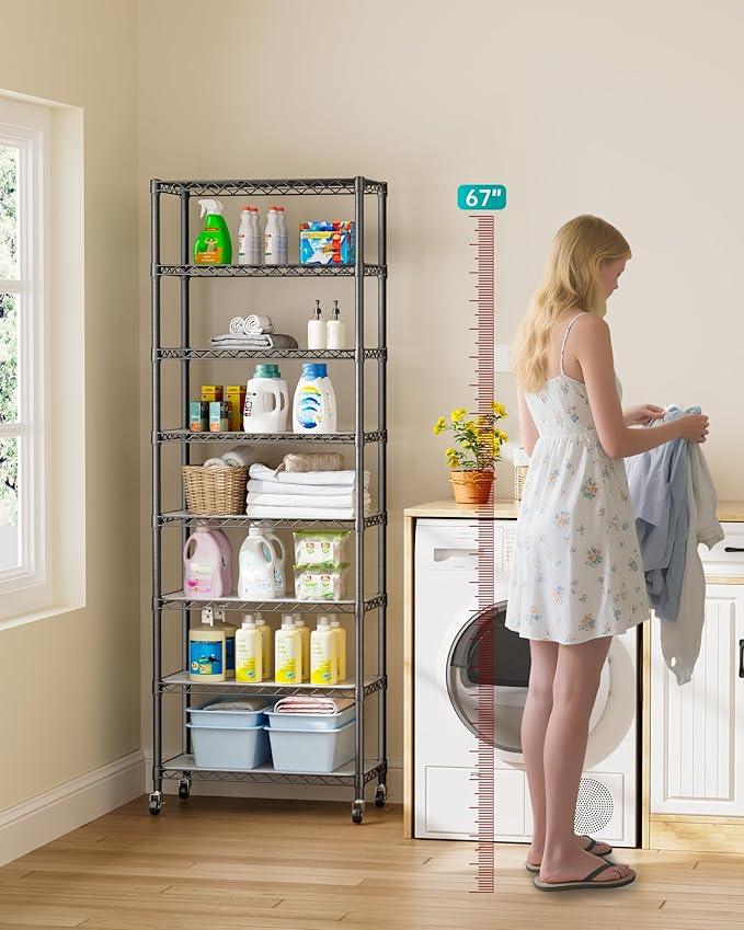 8 Tier Shelves Storage Shelf Wire Closet Bathroom Organizers Metal Pantry Kitchen Garage Shelving Unit Laundry Room Organization Home Rack Net Basket Black with Wheels 12”D X 22”W X 74.2”H - ModernBath