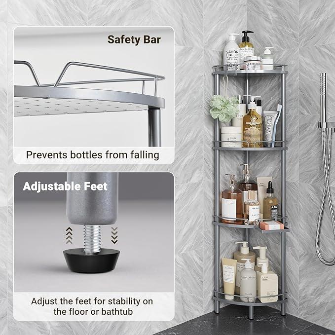 ELYKEN Corner Shower Caddy Standing, 4 Tier Rustproof Metal Shower Organizer with Soap Holder, Floor Shower Corner Shelf Rack Storage Stands with Adjustable Feet & 2 Hooks for Bathroom, Silver - ModernBath