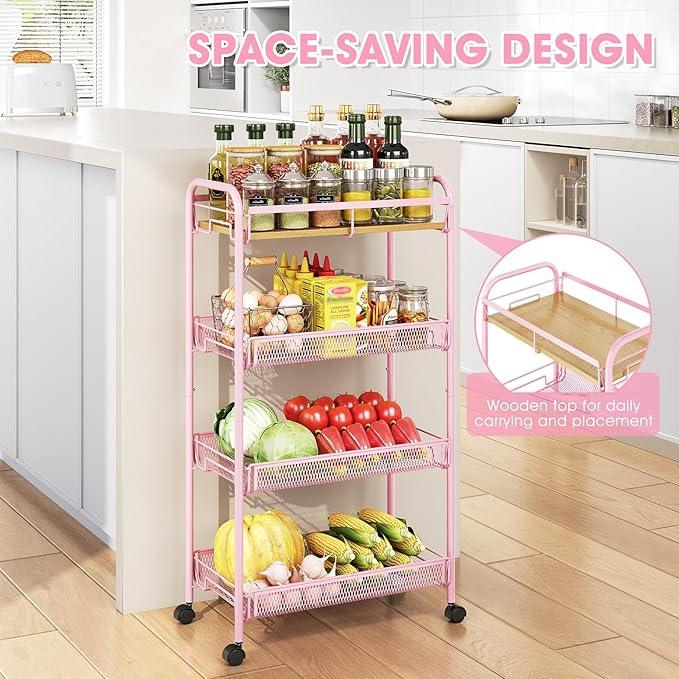TOOLF 4-Tier Rolling Cart, Metal Utility Cart, Slide Out Storage Cart with Wooden Tabletop and Mesh Baskets, Easy Assemble Trolley for Kitchen Bathroom Laundry Room Bedroom Apartments Dormitory - ModernBath