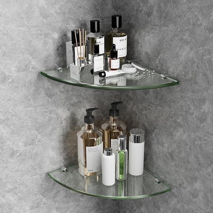 2-Pack Glass Corner Shower Shelves,Wall Shelf Bathroom for Storage,5/16" Tempered Glass,Shower Caddy Organizer,Shelf Holder for Wall Corner, Bathroom, Living Room - ModernBath