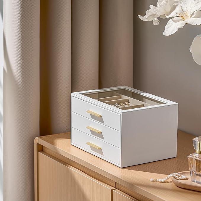 pickpiff Jewelry Box Organizer Case for Women: 3-Layer Jewelry Storage Case with Glass Window, Pure White Leather with Velvet Holder for Ring Necklace Bracelet Brooch Watch, Great Gift for Her - ModernBath