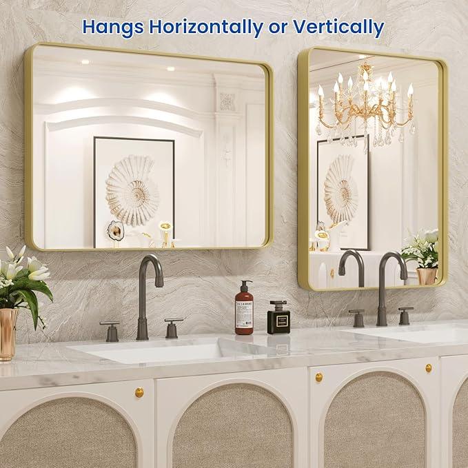 WEER Gold Bathroom Mirror, 22X30 Inch Brushed Gold Metal Frame Mirror, Rounded Rectangle Gold Bathroom Vanity Mirror for Wall, Tempered Glass, Anti-Rust, Hangs Horizontally or Vertically - ModernBath