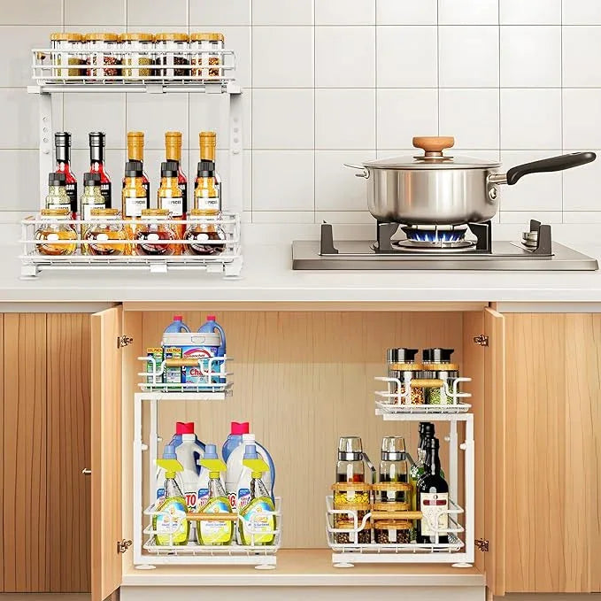 JYPS 2 Pack Under Sink Organizer, 2 Tier Pull out Under Kitchen Bathroom Sink Organizer and Storage, Metal Sliding Drawer for Cabinet Pantry Undersink Organizers Shelf - ModernBath