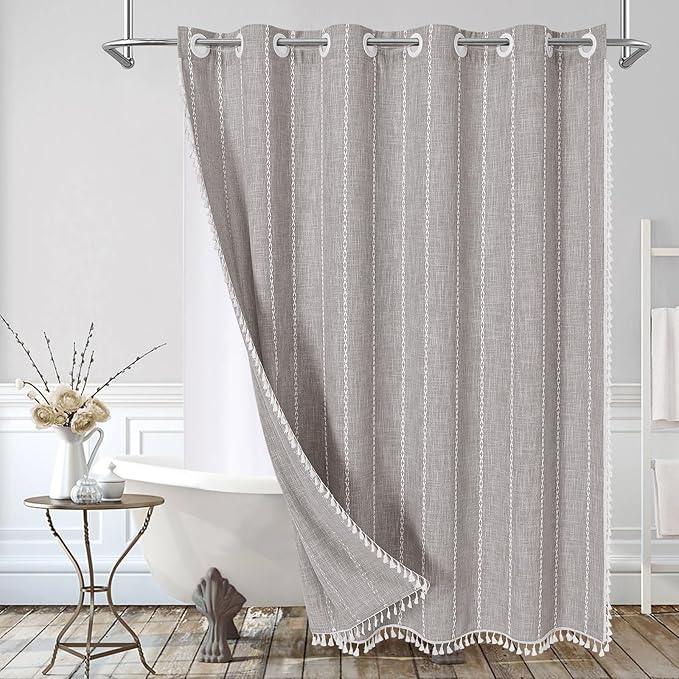 MitoVilla No Hooks Required Boho Farmhouse Shower Curtain with Snap-in Liner, Cotton Linen Fabric Shower Curtains with Tassels for Rustic Neutral Bathroom Decor, Grey Taupe, 72 x 74 - ModernBath