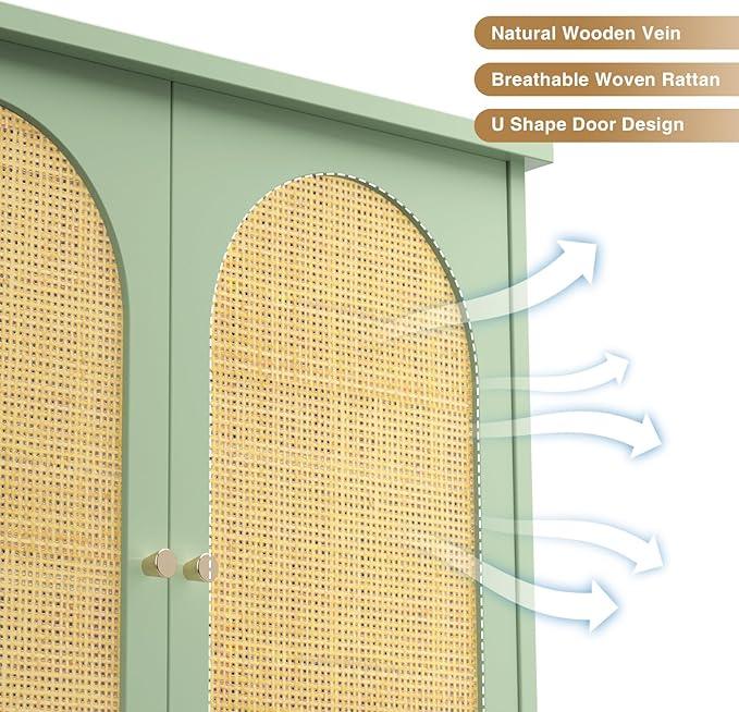 Rattan Over The Toilet Storage Cabinet, Bathroom Organizers and Storage Over Toilet with Rattan Door and Metal Stand, Tall Storage Shelves Above Toilet, Wood Rack for Restroom, Laundry, Foam Green - ModernBath