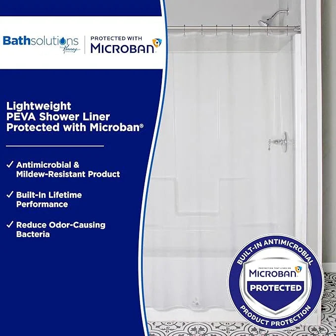 Kenney MB61122PK2 Microban Protected Lightweight 2.8 Gauge Waterproof PEVA Shower Curtain Liner with Durable Eyelet Hang Holes and Weighted Magnetic Hem for Bathroom, 70" W x 72" H, Clear, 2-Pack - ModernBath