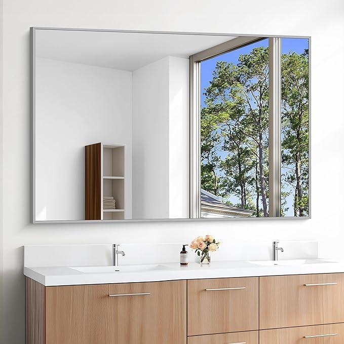 KOCUUY Silver Bathroom Mirror, 55"x36" Large Rectangle Bathroom Mirror for Wall, HD Tempered Glass, Anti-Rust Brushed Silver Frame, Modern Design for Bathroom, Bedroom, Hang Horizontal/Vertical - ModernBath
