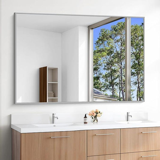 KOCUUY Silver Bathroom Mirror, 55"x36" Large Rectangle Bathroom Mirror for Wall, HD Tempered Glass, Anti-Rust Brushed Silver Frame, Modern Design for Bathroom, Bedroom, Hang Horizontal/Vertical - ModernBath