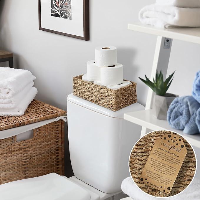 Casafield Set of 2 Bathroom Storage Baskets, Natural - Seagrass, 16" W x 6.75" D x 4.25" H, Woven Toilet Tank Topper Bins for Organizing Tissues, Toilet Paper, Toiletries, Shelves - ModernBath