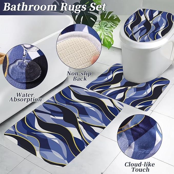 XLHOMO Bathroom Set - Blue and Gold Bathroom Accessories, Bathroom Sets with Shower Curtain and Rugs, Navy Blue Shower Curtain Set with Bathroom Trash Can, Soap Dispenser, Soap Dish for Home Decor - ModernBath