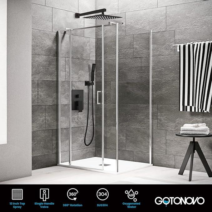 gotonovo Rainfall Bathroom Shower System Rain Shower Head and Handle Set Wall Mounted Shower Complete Combo Solid Brass Pressure Balancing Shower Mixer Valve 12 Inch Oil Rubbed Bronze - ModernBath