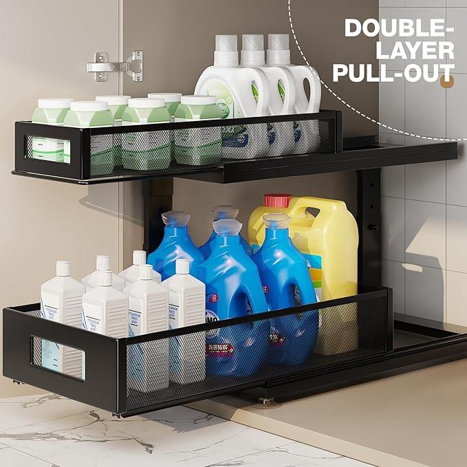 2 Pack 18.5IN-Depth Under Sink Organizer With Next-Gen Ball-Bearing Slides,2-Tier Pull Out Cabinet Storage,Height Adjustable Drawer Shelf for Bathroom,Kitchen,Laundry,Cabinet,Pantry-Black - ModernBath