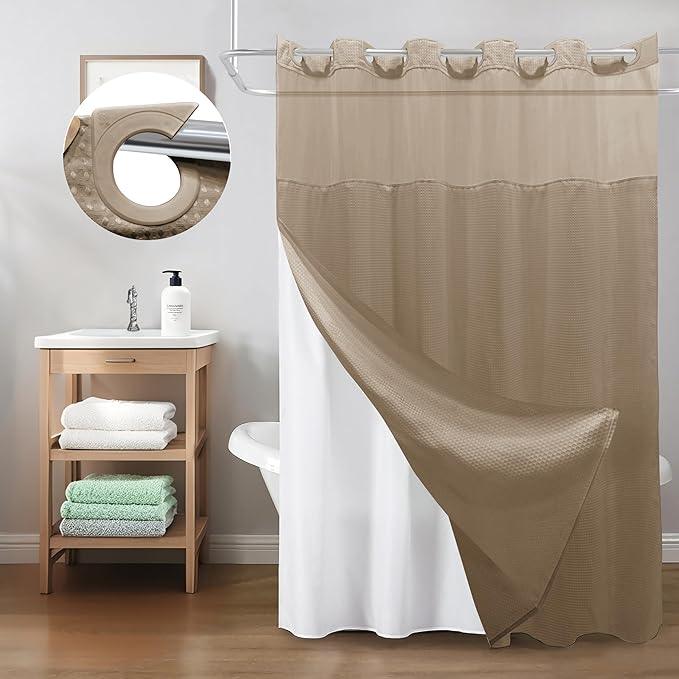 Inhousolu Extra Long No Hook Shower Curtain with Snap in Fabric Liner Set Waffle Weave 230GSM Weighted Hem, Waterproof & Washable Bathroom Curtain Spa Luxury with Mesh Top Window 72" W x 84" L Beige - ModernBath