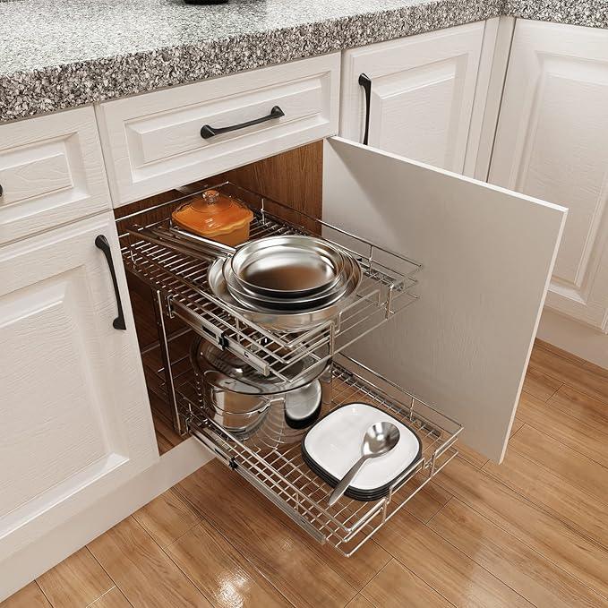 ROOMTEC Individual Pull Out Cabinet Organizer (17" W x 21" D), 2 Tier Spice Rack Organizer for Cabinet, Slide Out Drawer Pantry Shelf Organization and Storage for Kitchen Bathroom - ModernBath