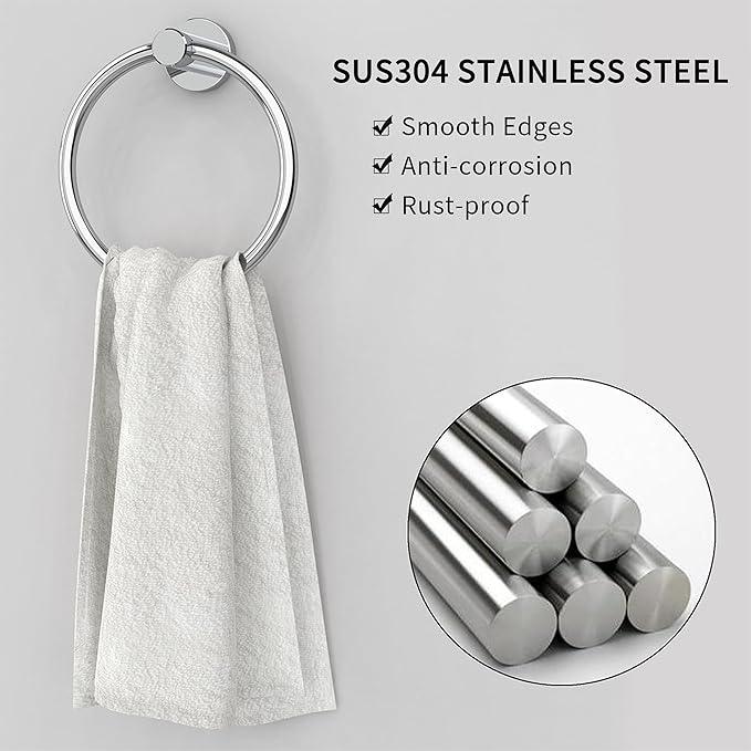 Chrome Hand Towel Holder for Bathroom (2 Pack) Kitchen Towel Ring Modern Rounded Base Wall Mount SUS304 Stainless Steel - ModernBath