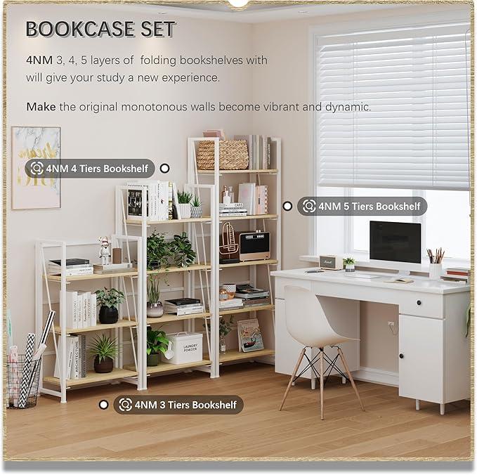 4NM No Assembly Folding Bookshelf Storage Shelves 4 Tiers Vintage Bookcase Standing Racks Study Organizer Home Office (Natural White) - ModernBath
