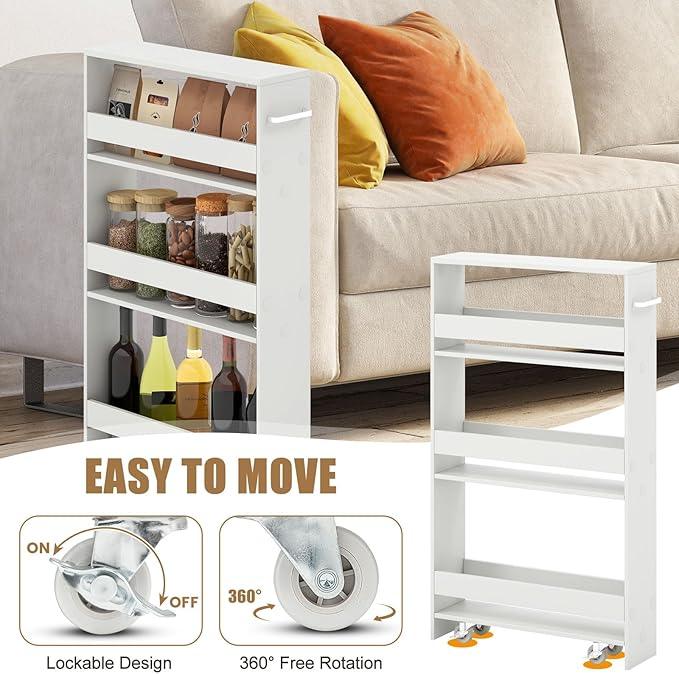 Giantex Slim Storage Cart 4 Tier, Rolling Narrow Island Cart, Side Cabinet w/Handle, Space Saving Trolley, Kitchen Utility Cart Tower Rack for Dining Room Laundry Room Bathroom, White - ModernBath